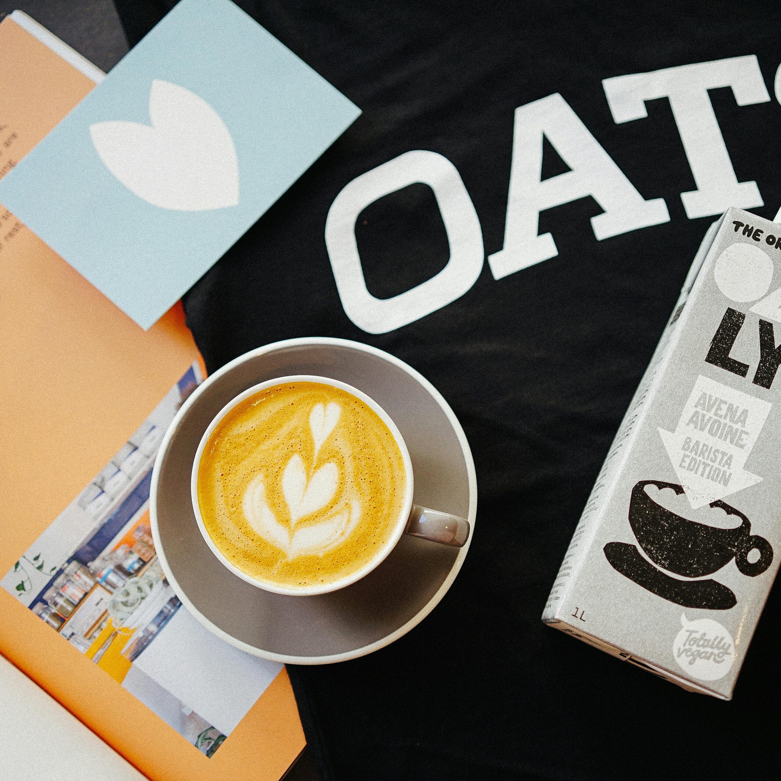 A top-down view of a cappuccino with oat milk carton, showcasing elegant latte art in an indoor setting.